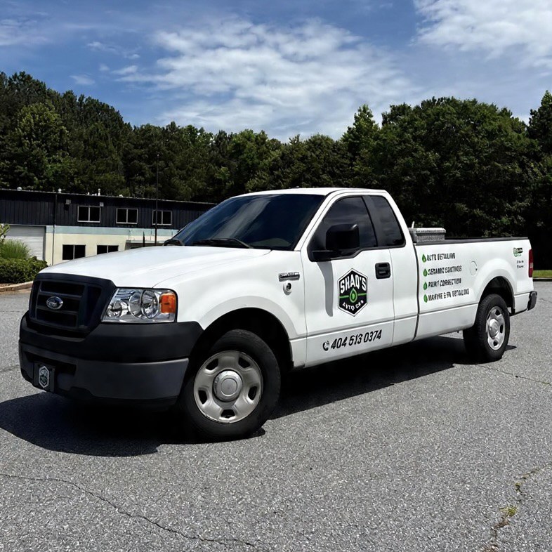 Shaq's Auto Spa mobile detailing work truck parked in Cumming, Georgia